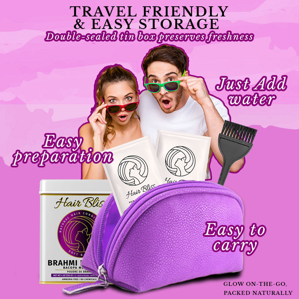 Hair Bliss- Natural Brahmi Bacopa Herbal Hair & Skin Conditioning Powder- 12 Individual Sachets (10 gm each)- Reusable Brush & Tray Included